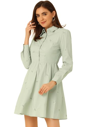 Image of Allegra K Women's Shirt Dress A Line Embroidered Floral Mini Dresses | Casual, Collar, Long Sleeve, Button Down, Half Placket, Invisible Zipper, Knee Length
