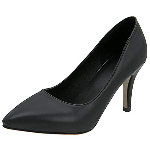 SUCREVEN Damen Simple Stiletto Pumps Pointed Toe Höhe Ferse Pumps Ohne Verschluss Kleid Schuhe Party Schwarz Gr 37 EU/38CN Cover
