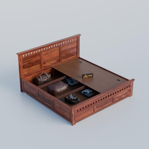 Image of Solid Sheesham Wood King Size Bed with Storage Box | Wooden Double Bed for Bedroom | Kuber Design Double Bed Cot Palang for Home | Rosewood, Honey Finish