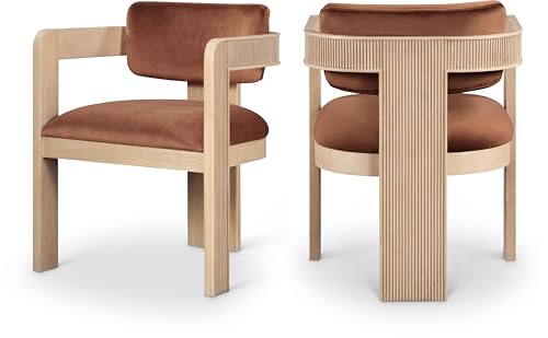 Meridian Furniture 11094Cognac-C Sacha Collection Art Deco Dining Chair, Ultra Luxe Cognac Velvet, 460 GSM Velvet, Solid Fluted Wood Natural Finish, 22.5