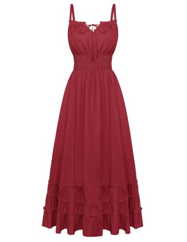 Scarlet Darkness Women's Summer Maxi Dress 2026 Boho Sleeveless Ruffle Flowy Milkmaid Sundress with Pockets Wine XL