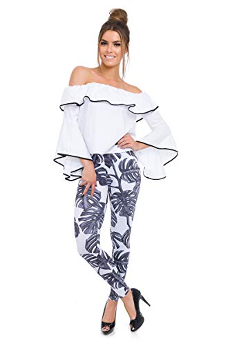MITAAMI Damen Leggings, volle Länge, Yoga, Fitness, Sport, dehnbar, bunte Muster, FFCP Gr. One size , Schwarz und Weiß Monstera