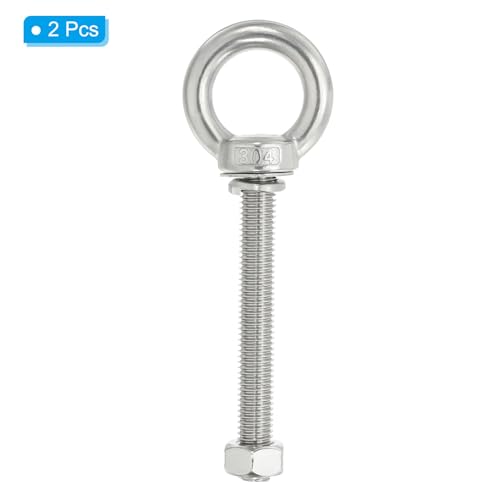 Image of PATIKIL M12 x 80mm Lifting Shoulder Eye Bolt, 2Pcs 304 Stainless Steel Lifting Ring Threaded Eyebolt with Nuts Washers for Hanging Hammocks Articles