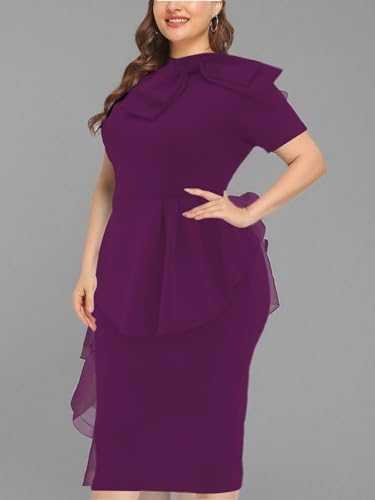 Image of WanMem Plus Size Dress for Curvy Women Semi Formal Cocktail Party Midi Dress Bodycon Short Sleeve Bow Ruffle Pencil Dresses