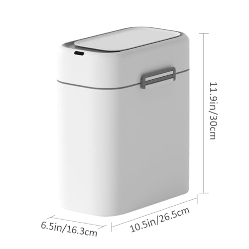 Image of ELPHECO 2.5 Gallon Garbage Can with Buckle-up Latches, Motion Sensor Trash Can with Buckling Latches for Bathroom, Living Room, Office, Bedroom, 2 AA Batteries (Excluded)，White,