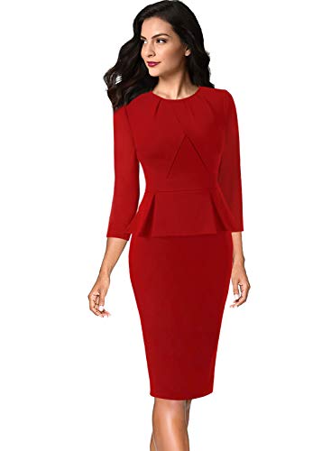 Image of VFSHOW Womens Pleated Crew Neck Peplum Slim Work Business Dress Elegant 3 /4 Sleeves Office Church Bodycon Pencil Sheath Dress