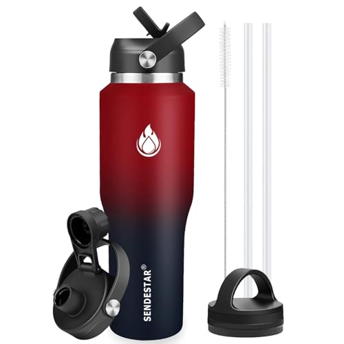 Image of SENDESTAR 40oz Water Bottle Wide Mouth Stainless Steel Vacuum Insulated Double Wall with 2 Straw Lids Fit in Any Car Cup Holder