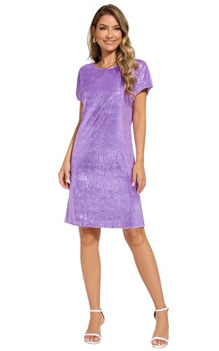 Image of Women's Crewneck Sequin Shift Dress Short Sleeve Casual Holiday Sparkly Party Dress
