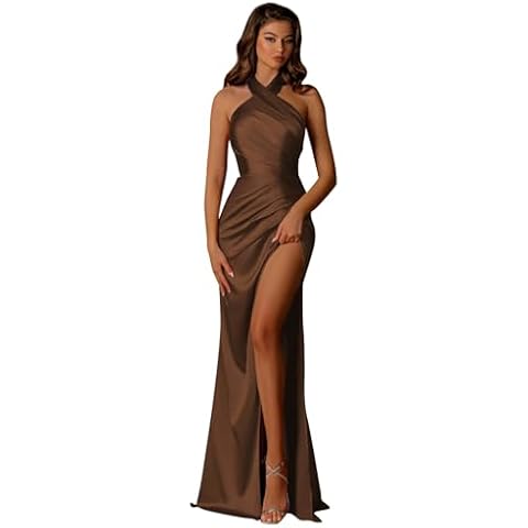 GUKARLEED Long Satin Bridesmaid Dresses Corset Prom Dresses with Slit Open Back Brown Wedding Guest Dress for Women Size12 Cover