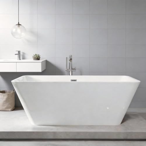 Image of 59 inch Acrylic Freestanding Bathtub with Chrome Drain Kit, Contemporary Square Soaking Tub with Overflow and Flexible PVC Drain Pipe, Double-Walled Insulation, cUPC Certified, Glossy White Finish
