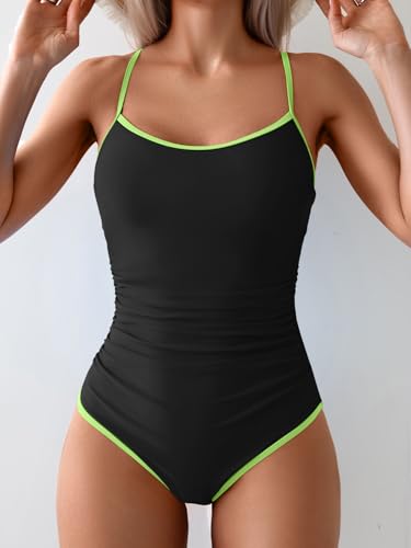 Image of Eomenie Women's One Piece Swimsuit Tummy Control Slimming Bathing Suit Color Block Spaghetti Strap 1 Piece Swim Suit Swimwear