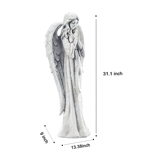 TOETOL Outdoor Garden Statues Praying Angel Statue 31.1" Grave Decorations Magnesium Oxide Stone Grey Yard Patio Deck Home Entryway Hallway Sculpture