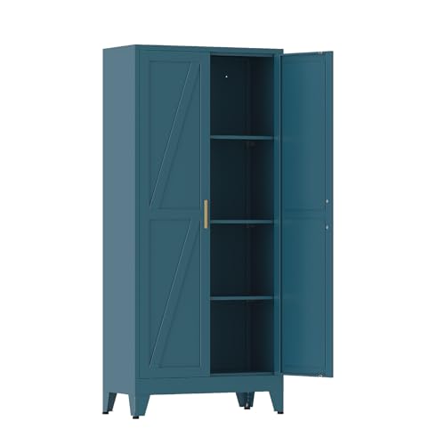 COFaR Metal Storage Cabinet, 61 in Tall Metal Cabinet with 3 Adjustable Shelves and Barn Doors, Farmhouse Cupboard Storage for Kitchen Pantry Garage, 4-Tier Peacock Blue