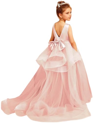 Tulle Flower Girl Dresses for Wedding Satin Princess Pageant Dress Pearl Girls Party Ball Gown with Bow