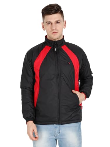 Image of VROJASS Men VROJASS Jackets for Men Stylish Puffer Winter Jacket For Men Standard Length Jacket Man Full Sleeves Bomber Jackets for Man Black With Red Solid Jacket