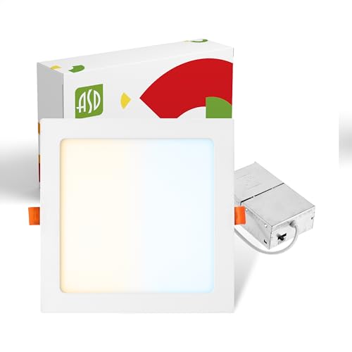 ASD 1 Pack LED Square Recessed Lighting 8 Inch, 5 CCT 2700K-5000K CRI90+, 20W 70W Eqv, Ultra Thin Dimmable Ceiling Lights with J Box, Canless Wafer Downlight, Slim Panel Light, UL Energy Star, White