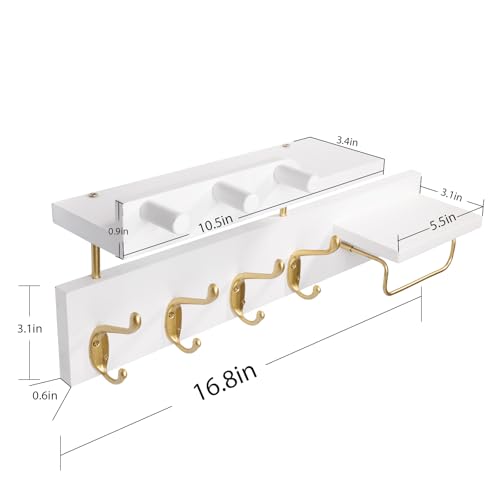 Lampaggio Perchero de pared con estante, ganchos de madera 4 en 1 con soporte para llaves y correo, estante colgante de entrada de 17 pulgadas con soporte para gafas de sol y 4 ganchos de metal para - imagen 3