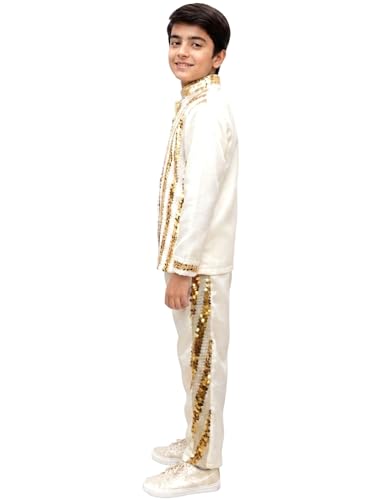 Image of BookMyCostume White & Golden Sequin Western Dance Costume for Boys | Stylish Shiny Full Sleeve Shirt and Pant Set with Zipper Closure | Annual Dance Costume for boys | Fancy Dress for Boys 10-12 Years