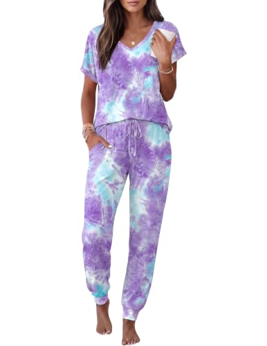 Image of Ekouaer Pajamas for Women Set Short Sleeve Lounge Set Jogger Pants Pjs Soft Sleepwear with Pockets S-XXL