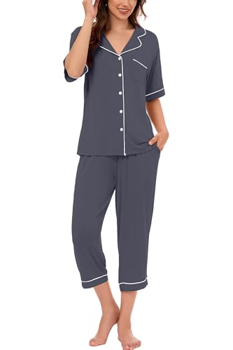Image of LUBOT Womens Bamboo Viscose Pajamas for Women PJ Set 2 Piece Cooling Soft Short Sleeve Capri Pants Summer Sleepwear Set S-XXL