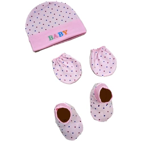 Image of BRANDONN Newborn Baby's Cotton Cap Mitten Bootie Set 0-6 Months, Pack of 2 (0-6 Months)