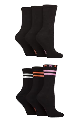 Image of ELLE Women's Socks, Sports, Crew, Gym, Half Cushioned Comfort, Soft Breathable Bamboo, Multipack of 6 Pairs in Size 4-8 Black Stripe