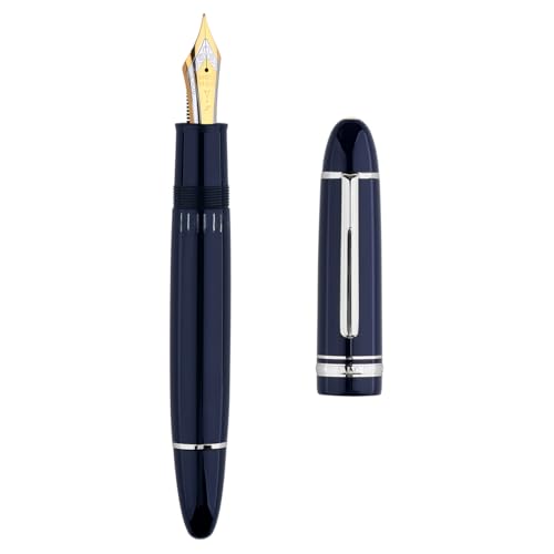 erofa Majohn P141 Piston Fountain Pen NO.8 Fine Nib, Blue Resin with Ink Window Writing Gift Pen with Box, Silver Trim