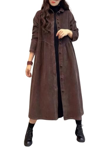 Image of ebossy Womens Corduroy Button Down Shirt Dress Long Sleeve Lapel A-Line Pleated Midi Long Dress with Pockets, Coffee, L