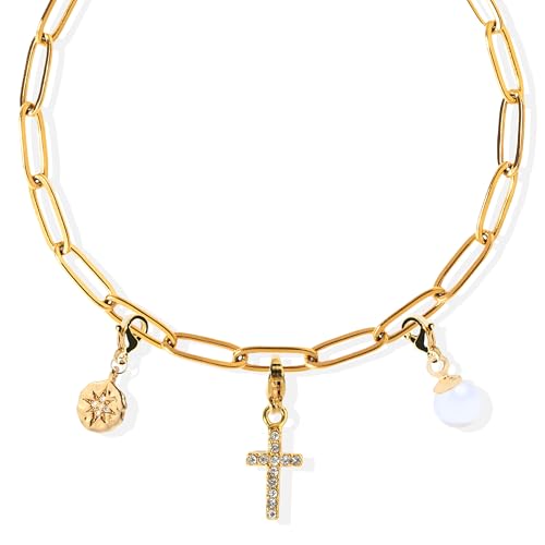 Charm Bracelet for Women, Charm Bracelet with Charms, Pearl Compass Cross Charms, Handmade Jewelry, Gold Bracelets for Women2