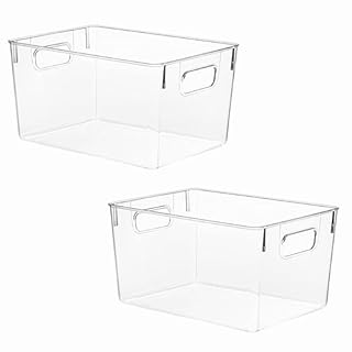 REHUK Clear Plastic Organiser Storage Bins for Cupboard, Pantry, and Kitchen - Versatile Organisers for Fridge, Freezer, Food, Fruit, Vegetable, Cleaning Products, and Clothing Storage (2 Pack)