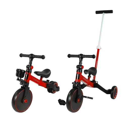 Lemodo Dreirad rot mit Schiebestange – Laufrad, Lauflern-Dreirad...