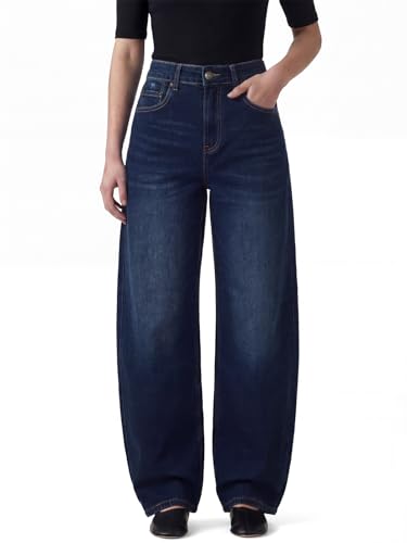 Chasehot Barrel Jeans Damen High Waist Stretch Trendy Wide Leg Jeans Baggy Boyfriend Jeanshose Streetwear Denim Hose mit Taschen Indigoblau-42-30 L