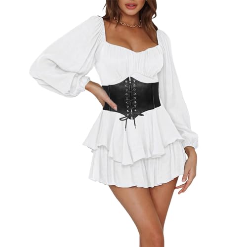 Piratenkostüm Damen Korsett Renaissance Viktorianische Off Shoulder Kurz Jumpsuit Piratinkleid Weiß A-Linie Trägerloses Knielange Patchwork...