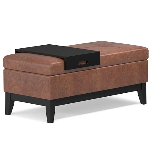 SIMPLIHOME Oregon 42 inch Wide Transitional Rectangle Storage Ottoman Bench with Tray in Distressed Saddle Brown Vegan Faux Leather, Assembled, For the Living Room, Entryway and Family Room
