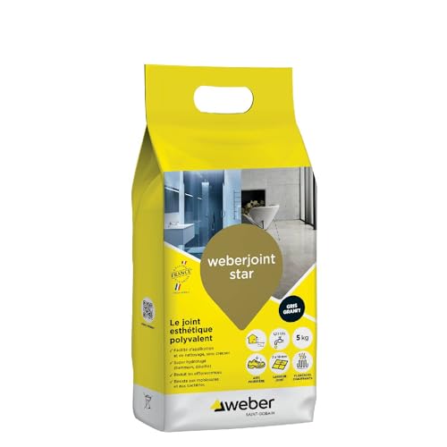 Weber Mortero sello decorativo repelente al agua, especial interior y exterior, ancho 2 a 10 mm, 5 kg, gris granito, WEBERJOINT STAR