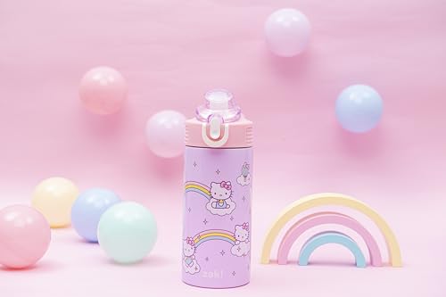 Zak Designs Sanrio Sage Kids Water Bottle For School or Travel, 14oz Stainless Steel Water Bottle With Straw, Handle, and Leak-Proof, Pop-Up Spout Cover (Hello Kitty)
