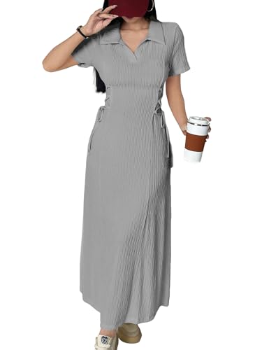 Image of Shasmi Women's Solid Color Applique Lace-Up Collared Short Sleeve, Side-Tie Waist Long Casual Maxi Women Dress Outfit Long Evening Midi Western Party Dress for Women (Dress 211)