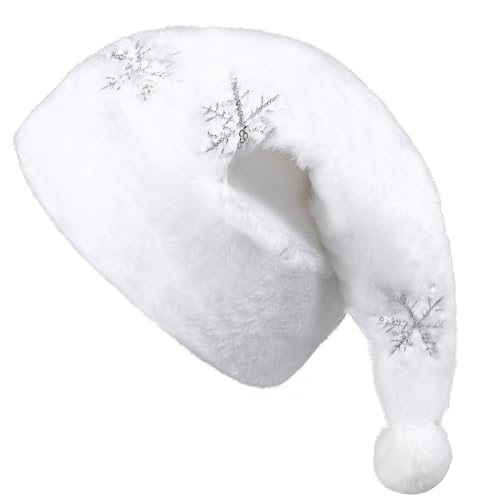 GlyinnHe Sombreros de Papá Noel de Navidad para adultos, decoraciones y suministros de fiesta de Año Nuevo (blanco con copo de nieve plateado)