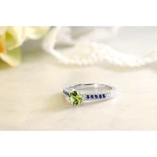 Gem Stone King 925 Sterling Silver Round 6MM Green Peridot and Blue Created Sapphire Engagement Ring For Women | 1.05 Cttw | Gemstone Birthstone | Size 5,6,7,8,94
