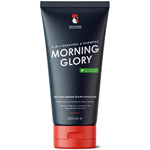Hoch wirksames BIO Herren Shower Gel mit Aloe Vera, Baobab-Öl und Pro-Vitamin B5 - Natürliches Duschgel & Shampoo für Männer 'Morning Glory' 200ml von Groomed Rooster, MADE IN GERMANY Cover