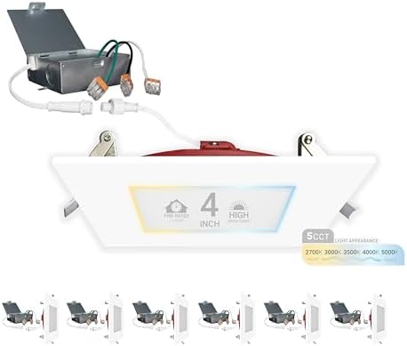 NUWATT 4 Inch 2 Hour FIRE Rated LED Recessed Light, 5CCT 2700K/3000K/3500K/4000K/5000K Selectable, 900 Lumen, Dimmable, IC Rated, Square Ultra-Thin Canless Downlight, No Tenmat Needed, UL ETL, 6 Pack