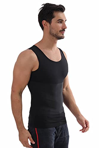 Henicepte Men Slimming Tummy Control Chest Compression Hide Gynecomastia Undershirt Shapewear Black #TOP1