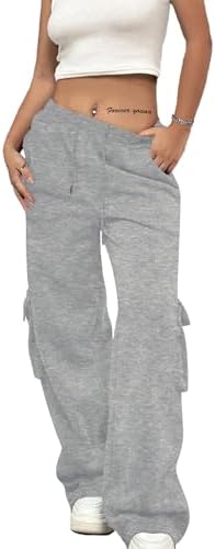 SOFIA'S CHOICE Women's Drawstring Cargo Sweatpants High Waist Wide Leg Fleece Lined Pants with Pockets