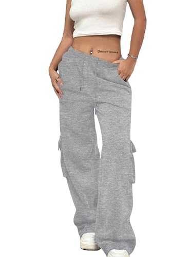 SOFIA'S CHOICE Women's Drawstring Cargo Sweatpants High Waist Wide Leg Fleece Lined Pants with Pockets