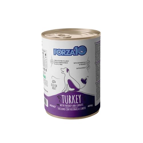 Forza 10 Umido Cane gusto TACCHINO e riso, alimento completo di mantenimento per cani adulti di tutte le taglie e razze, for dogs, turkey | 6 scatolette da 400 grammi l'una.