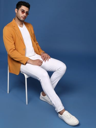 Image of SHOWOFFFF Men Solid Single Breasted Formal Blazer | Notched Lapel Full Sleeves Cotton Blazer for Mens | Slim Fit Regular Length Blazer for Men's