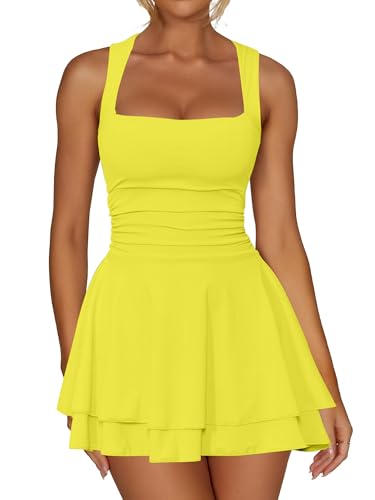 Image of Kaximil Women's Square Neck Ruffle Hem Mini Dress Ruched Waist Short Party Dresses