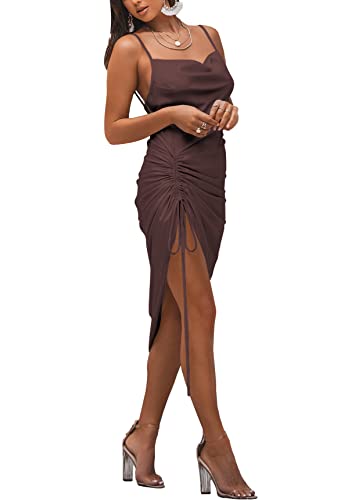 Image of LYANER Women's Satin Spaghetti Straps Cowl Neck Sexy Ruch Cocktail Midi Dresses