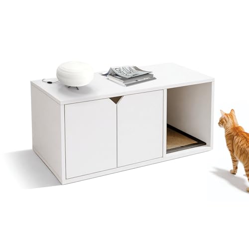 Catchi Katzenklo Schrank in Weiß Nachhaltig & 100% recycelbar Formaldehydfrei & Schadstofffrei inklusive Kratzbrett Werkzeuglose Montage Modernes Design - 91x52x43cm