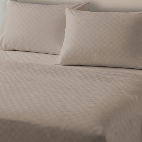 Image of Urban Space 100% Cotton 300TC Jacquard Fitted bedsheets for King Size Bed, Pure Cotton Bedsheet King Bed, Checks Fitted bedsheet King Size with 2 Pillow Covers (72 x 78 Inches, Soft Brown Cubes)